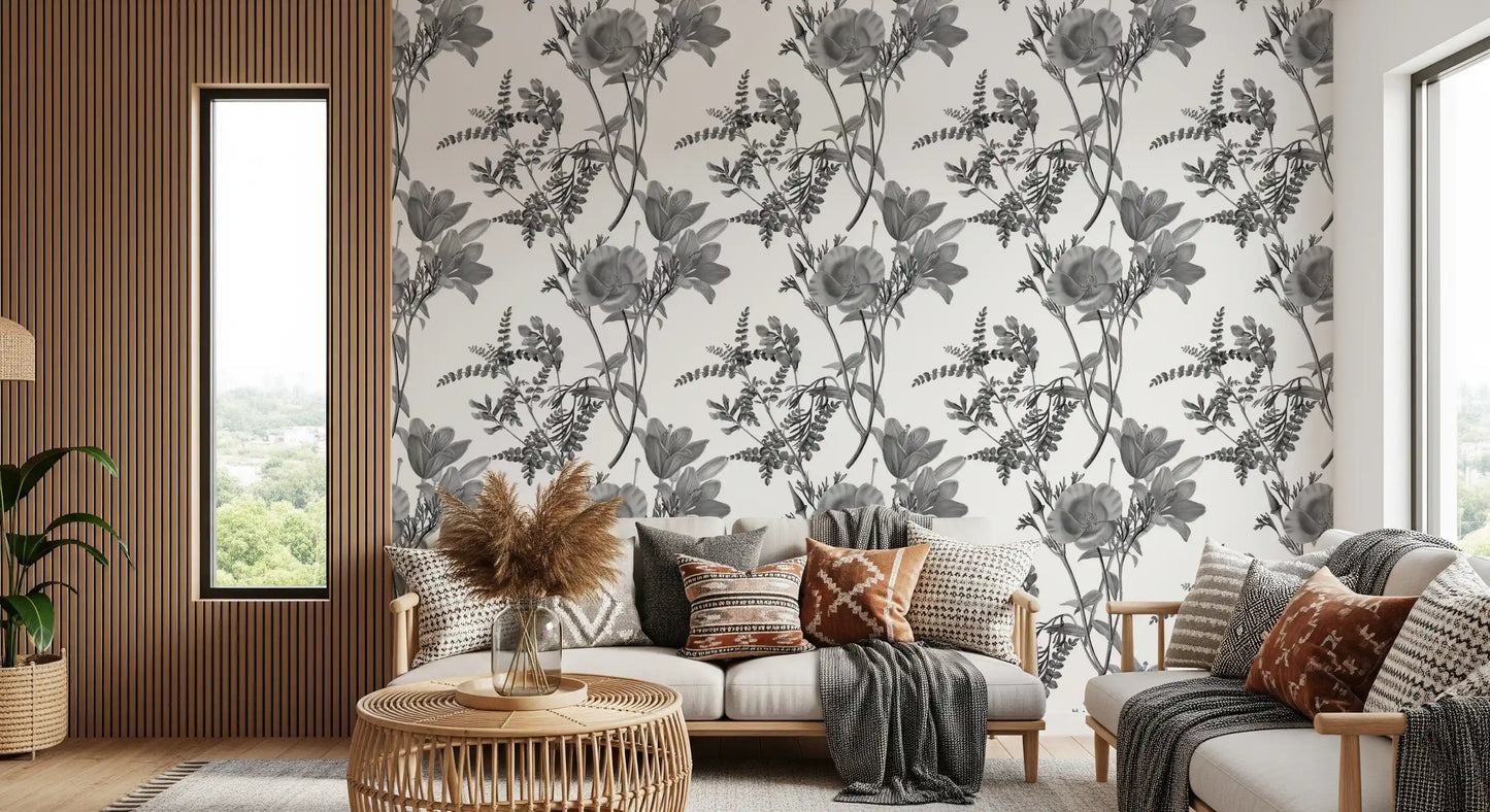 Fine floral pattern in Monochromatic Botanical wall Wallpaper