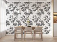 Delicate leaf forms on Botanical Print Wallpaper in grey tones