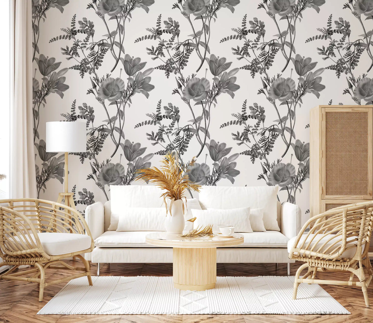 Living room with Monochromatic Botanical Print Wallpaper in grey
