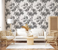 Living room with Monochromatic Botanical Print Wallpaper in grey