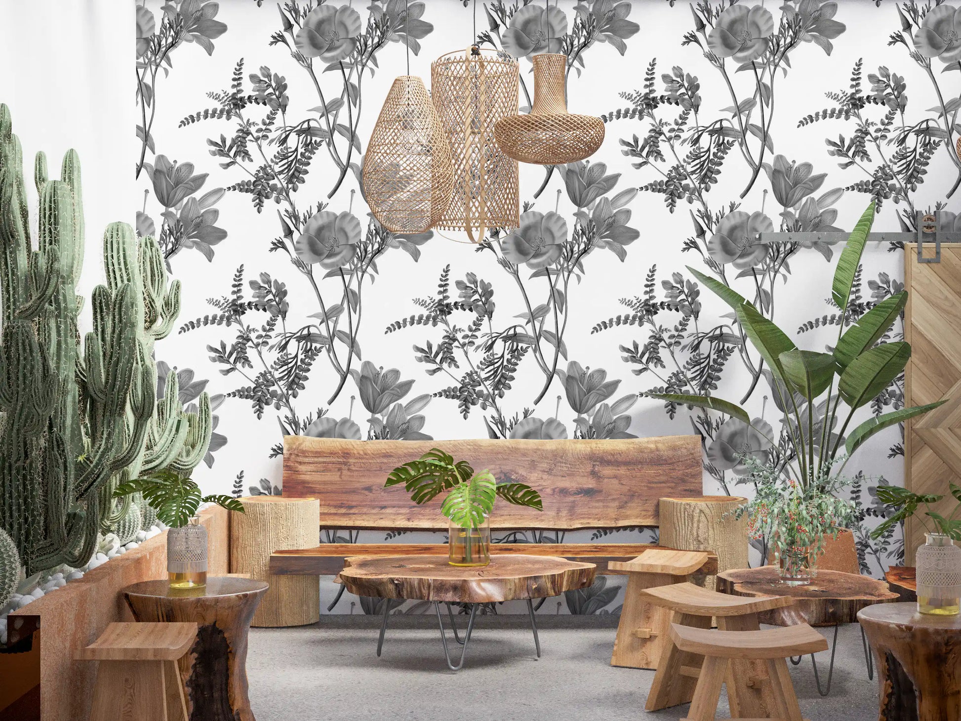 Office space with Monochromatic Botanical floral Wallpaper
