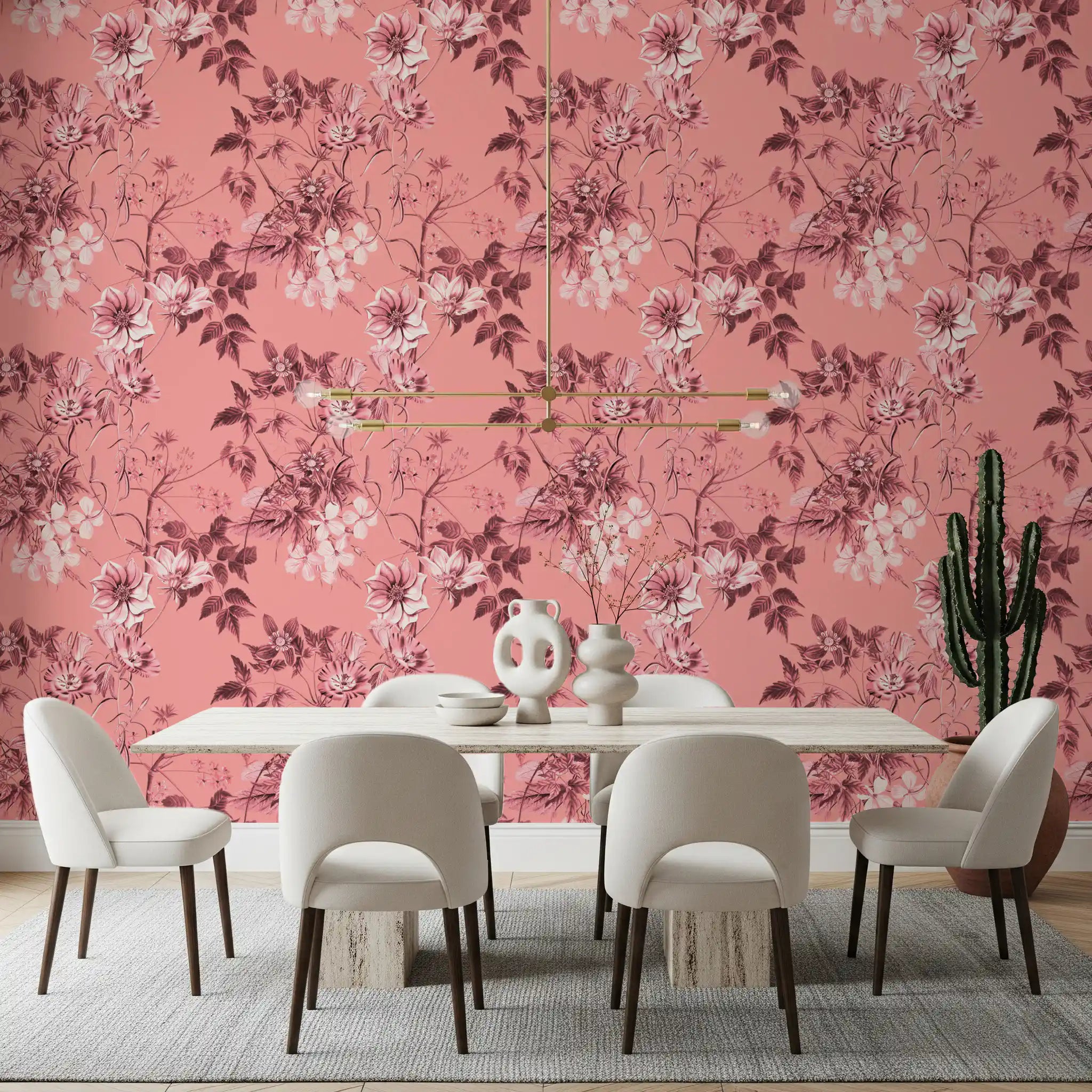 Dining room with Blushing Flower wallpaper in soft pink floral sketch tones