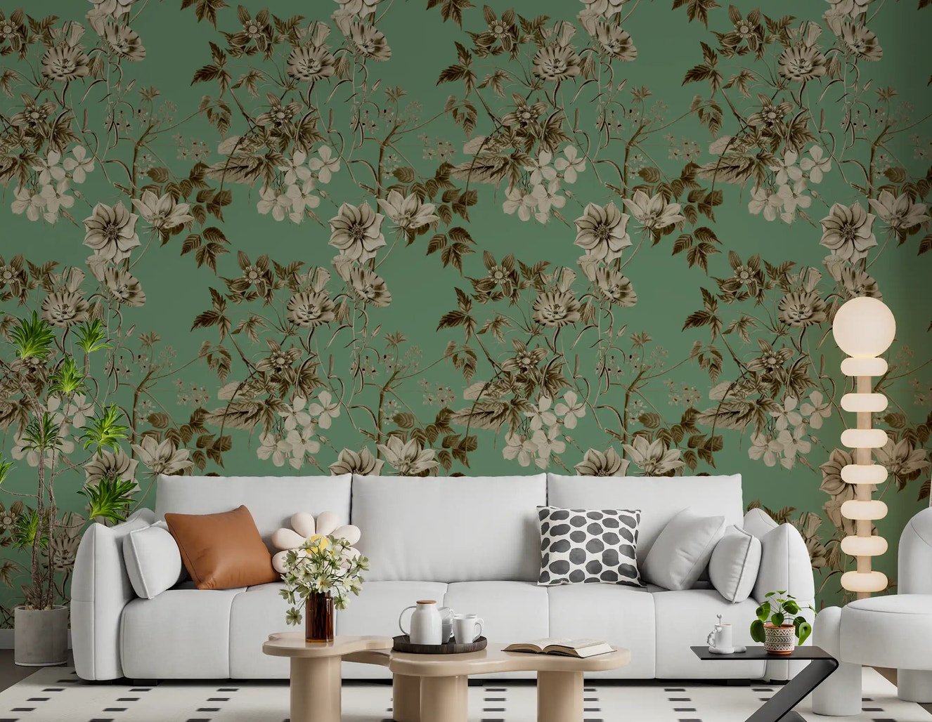 Living room with Botanical Elegance wallpaper in sepia floral and jade tones