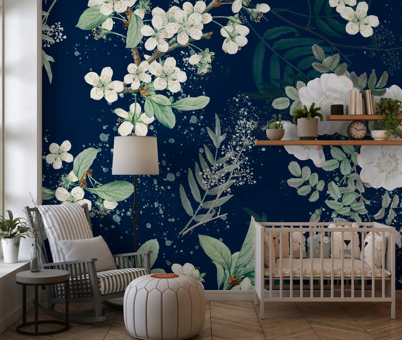 Dark floral wall mural with white flowers and soft green botanical branches