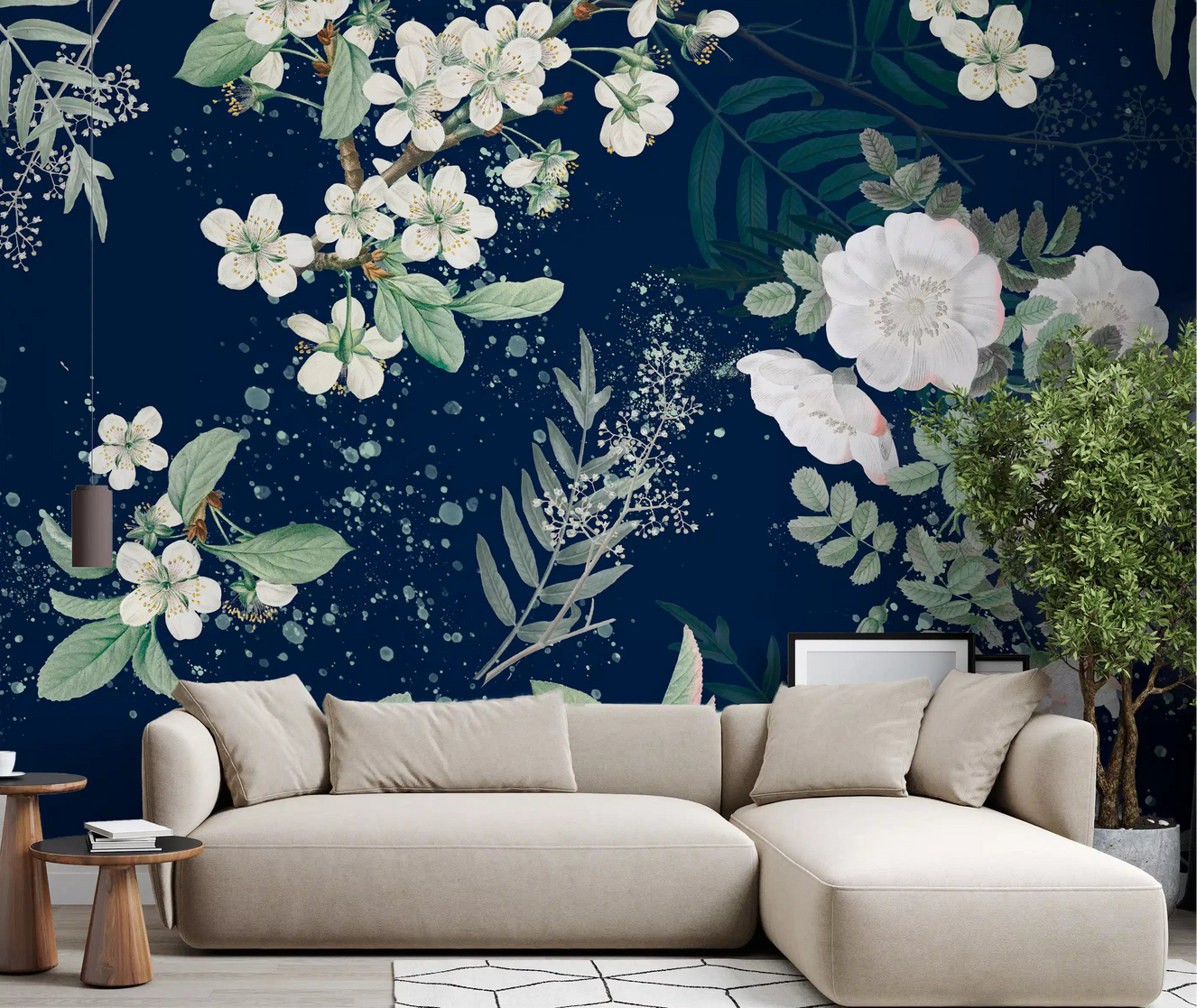 Living room styled with Star-lit Flower Garden wall mural in dark floral tones