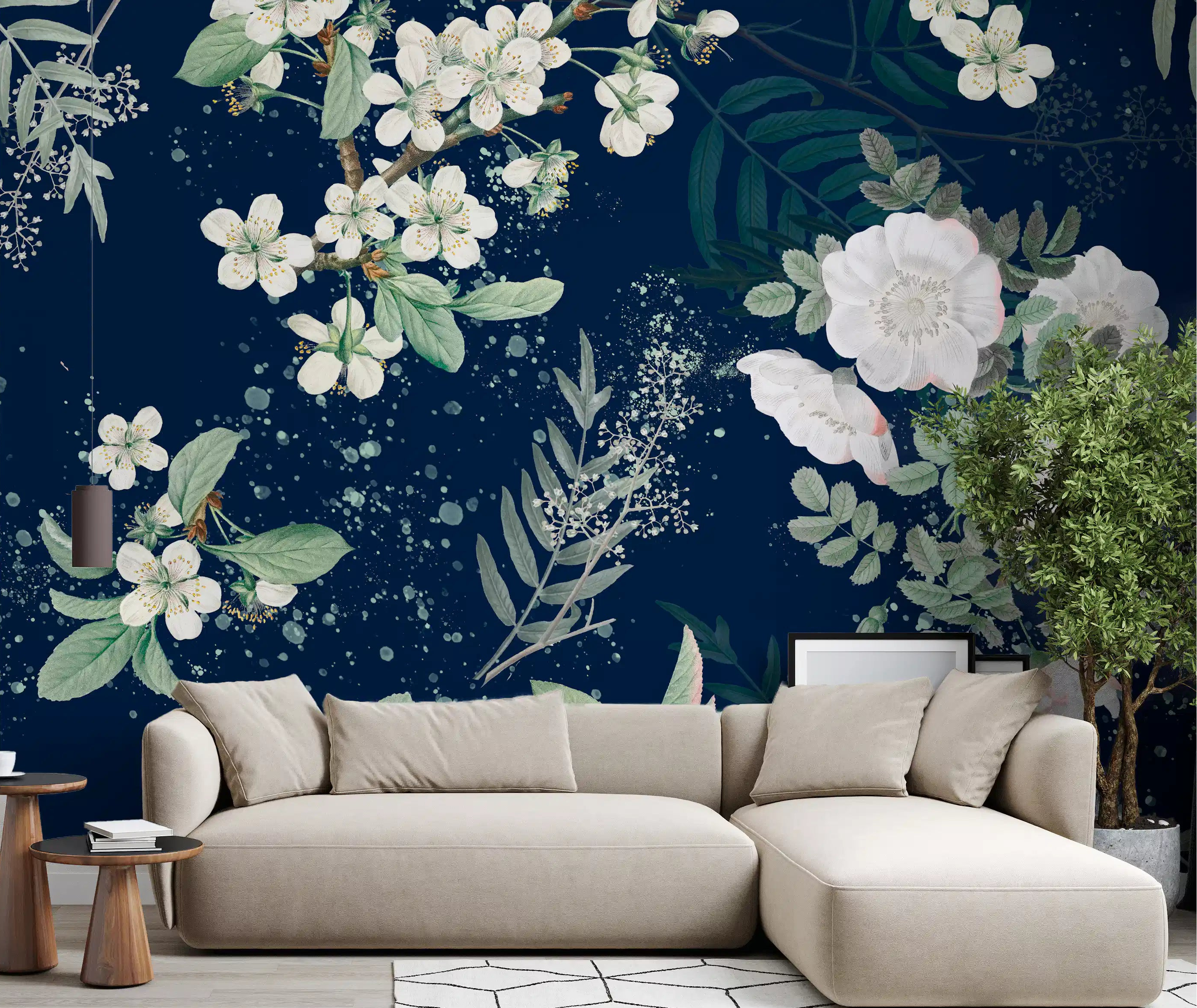 Living room styled with Star-lit Flower Garden wall mural in dark floral tones