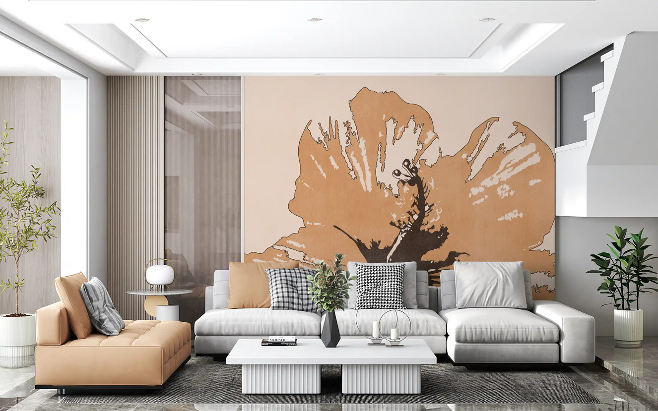 Oversized flower forms create Terra Bloom wall mural with warm beige depth