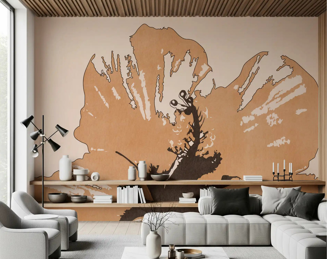 Sandy petals shape Terra Bloom Silhouette wall mural in a living room
