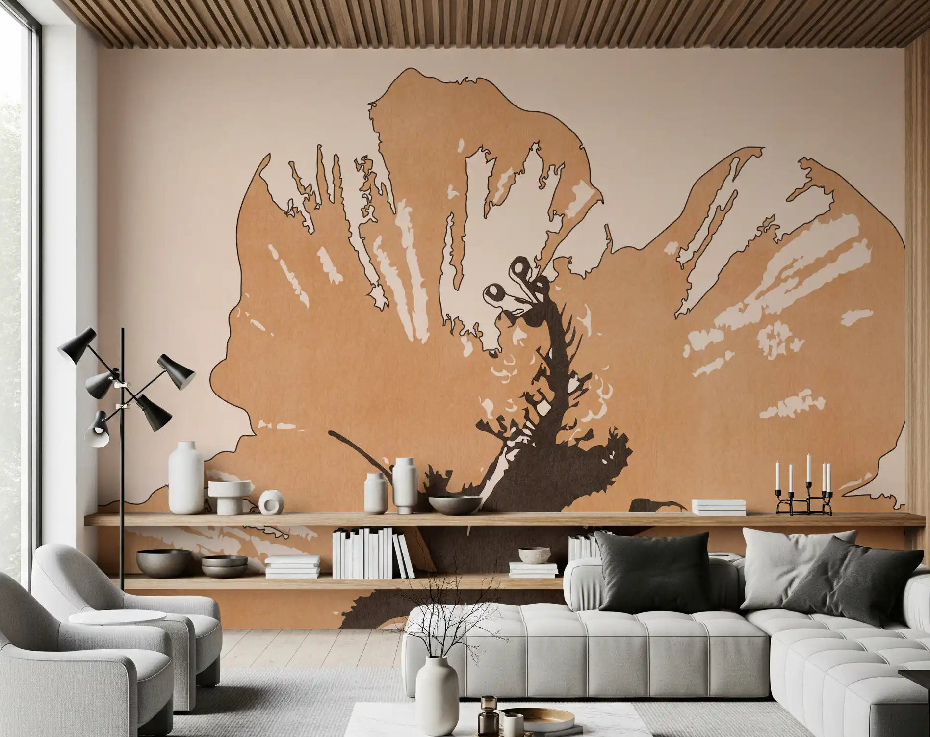 Sandy petals shape Terra Bloom Silhouette wall mural in a living room