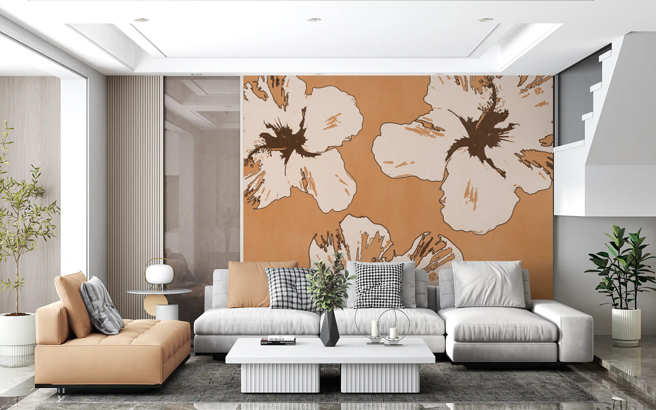 Earthy Warm Mix of Hibiscus wall mural in a living room with oversized blooms