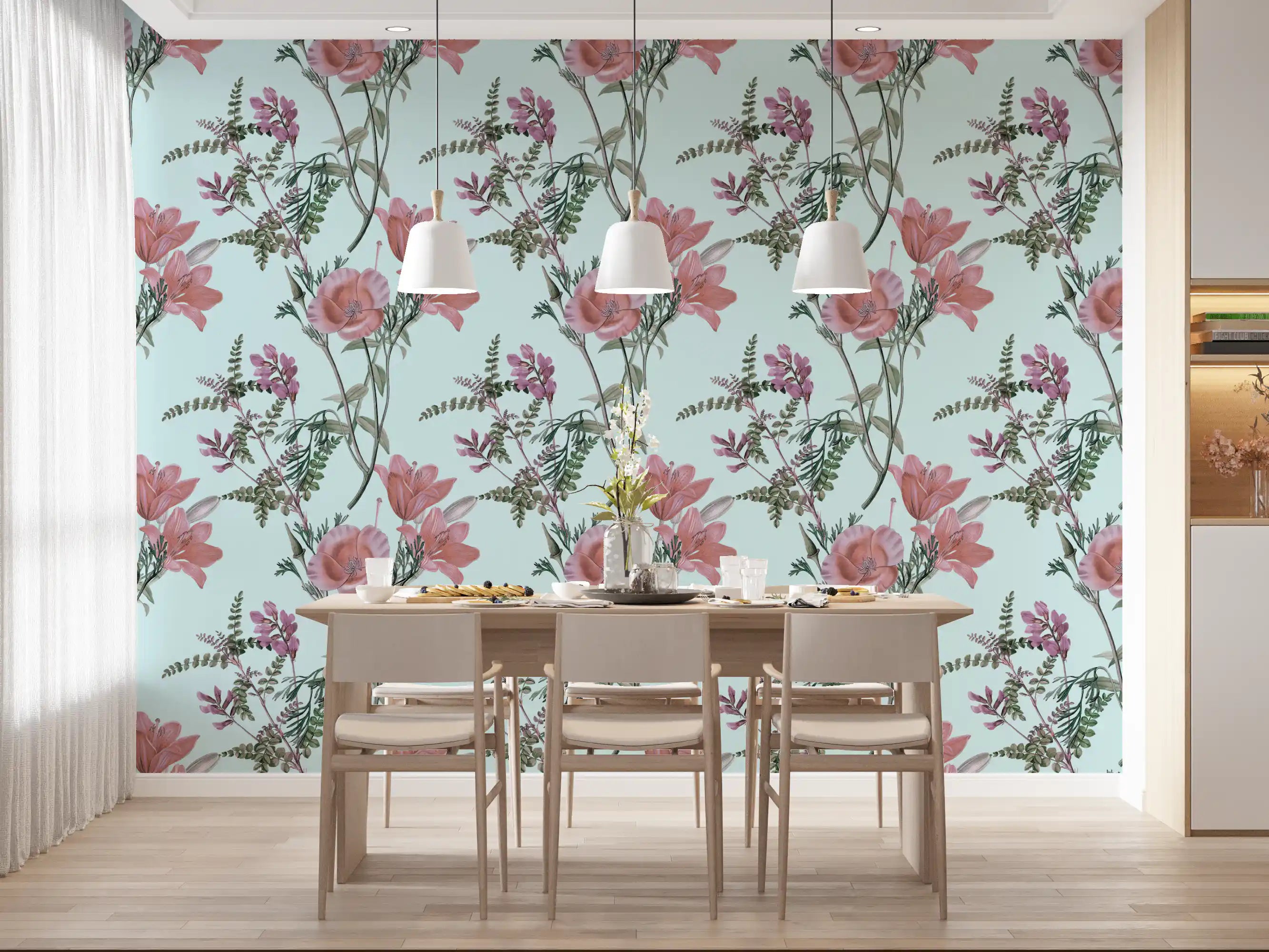 Vintage Blooming Serenity wallpaper in a dining room with blush flowers and soft blue base