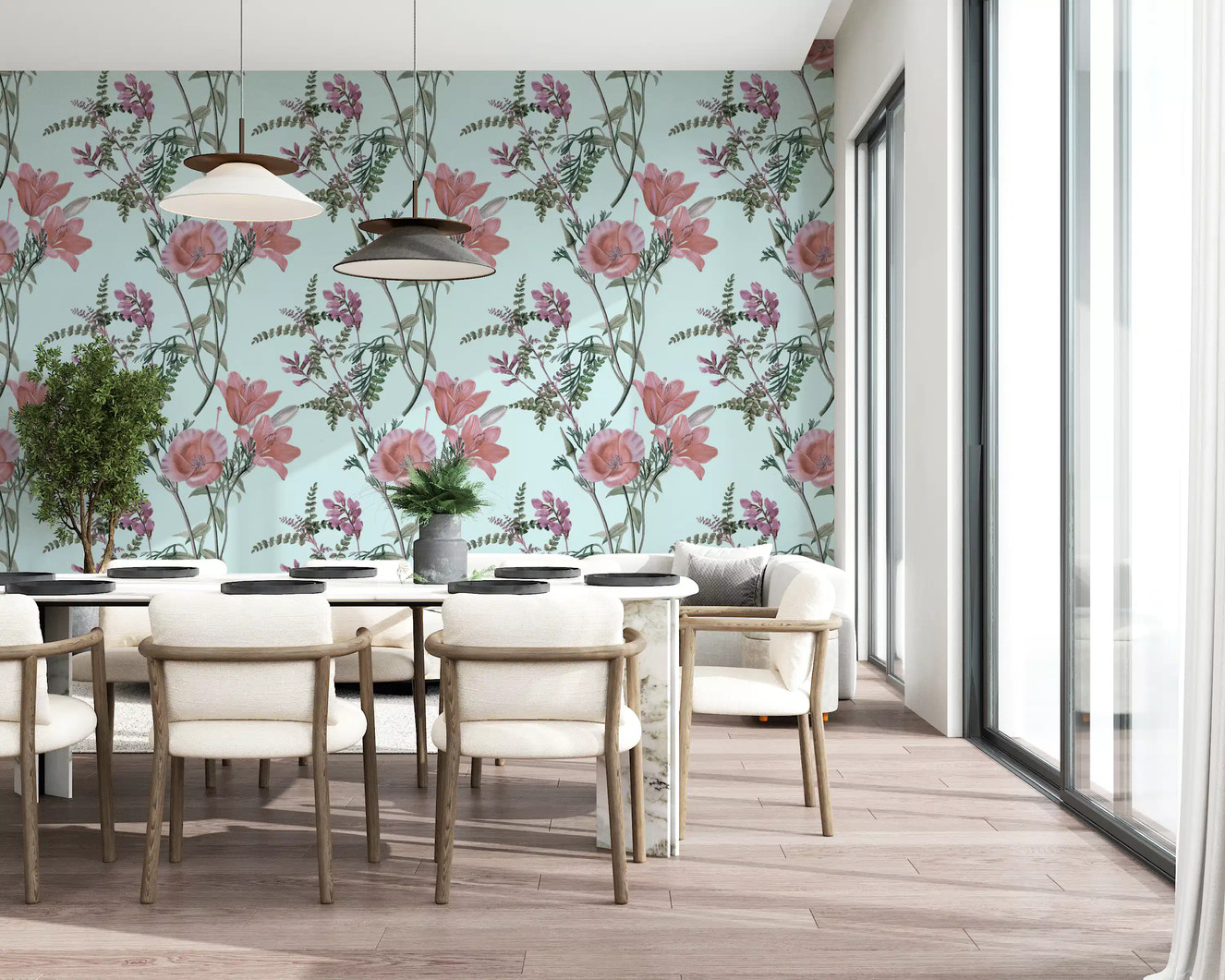 Floral wallpaper with vintage pink blossoms and delicate green leaf stems