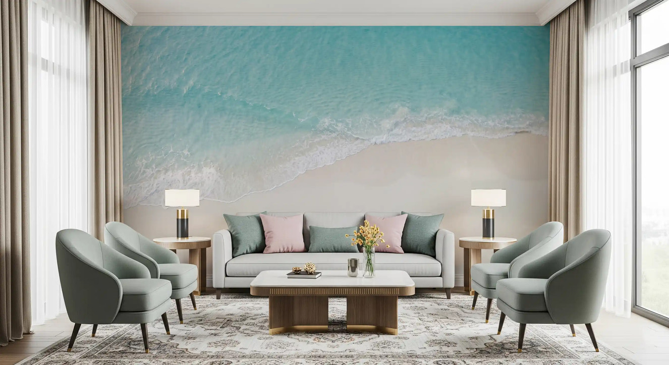 Coastal Serenity wall mural with turquoise water and sand