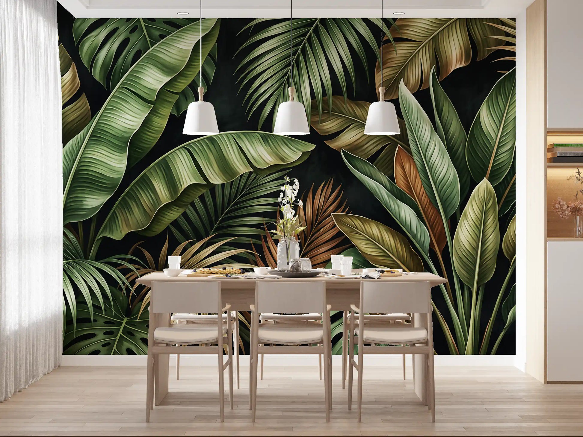 Botanical Design wall mural with large leaves and depth