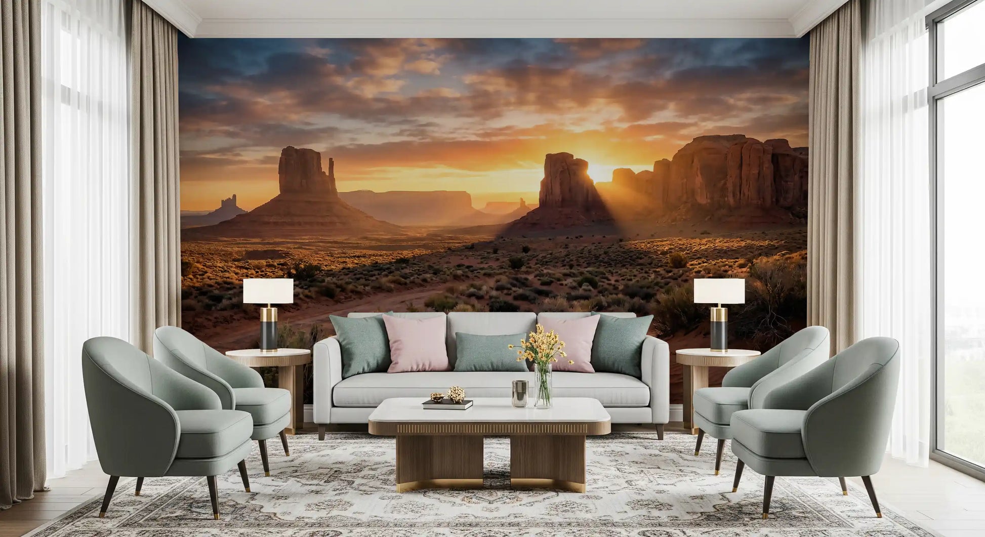 Desert Horizon wall mural with sunset light and rocky forms