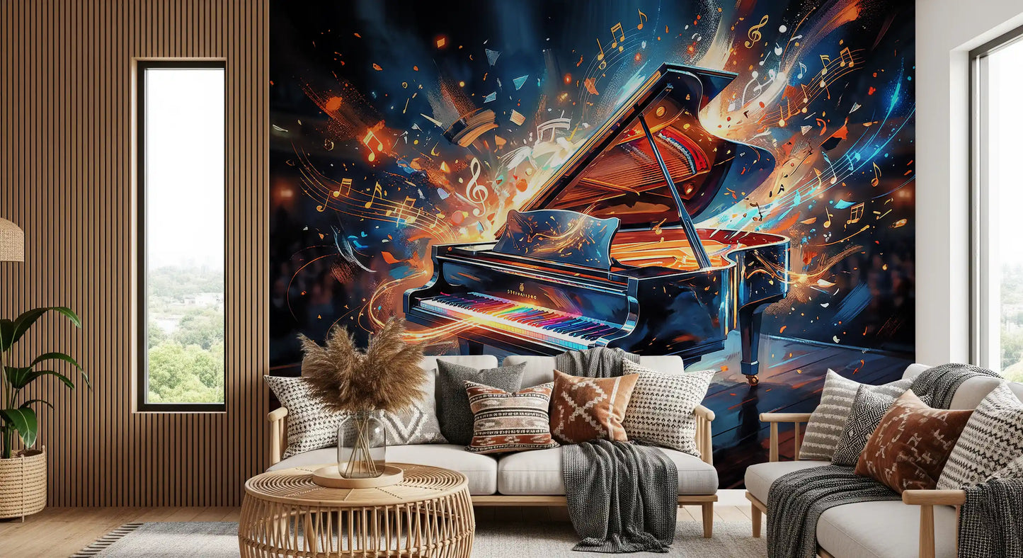 Living room wall with Melody Burst mural piano light effects