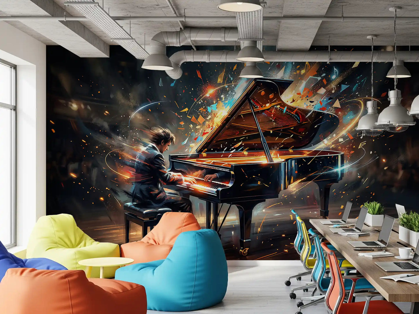Symphony of Light wall mural with glowing piano performance