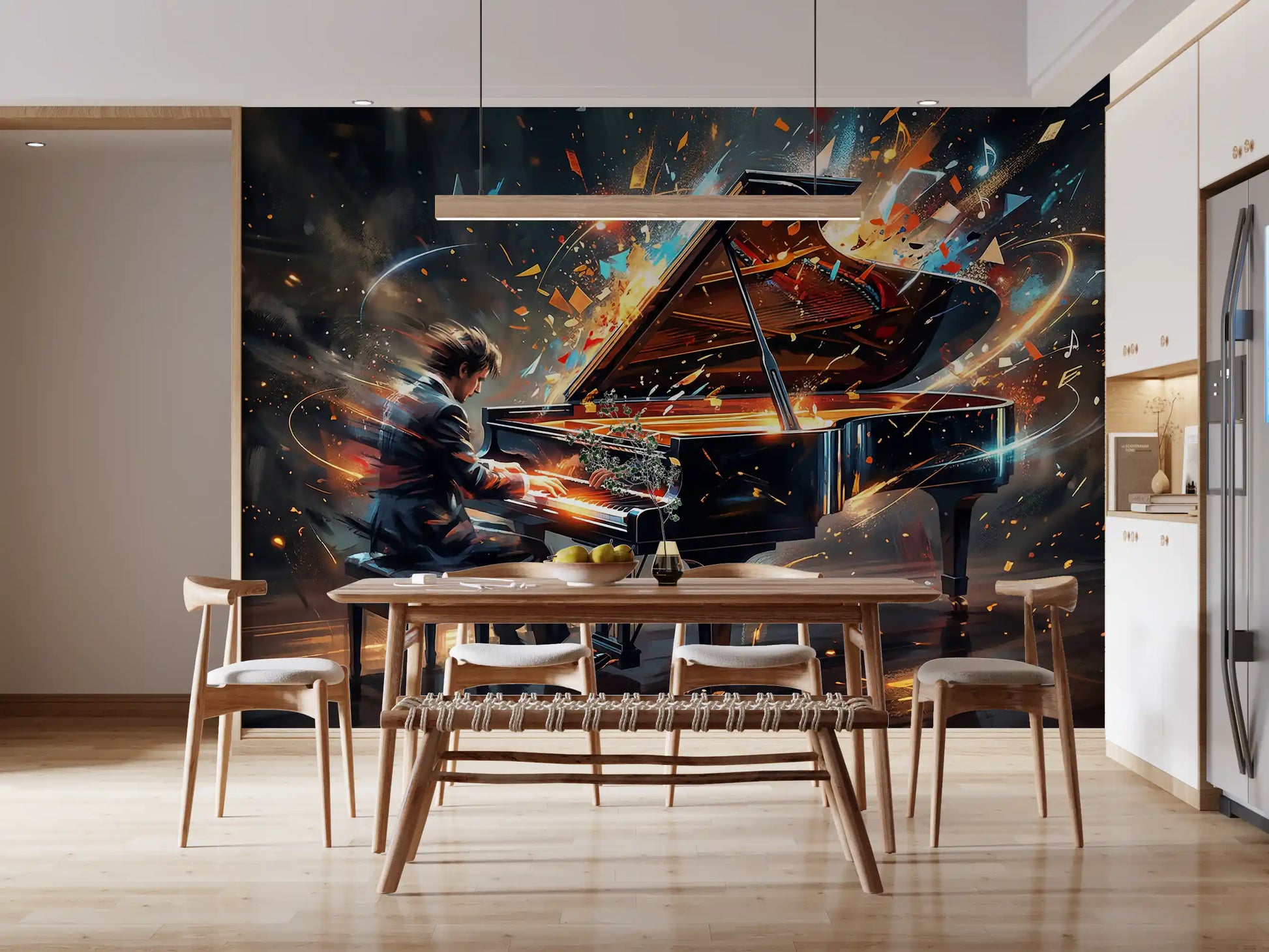 Dining room wall with Symphony of Light mural piano performance