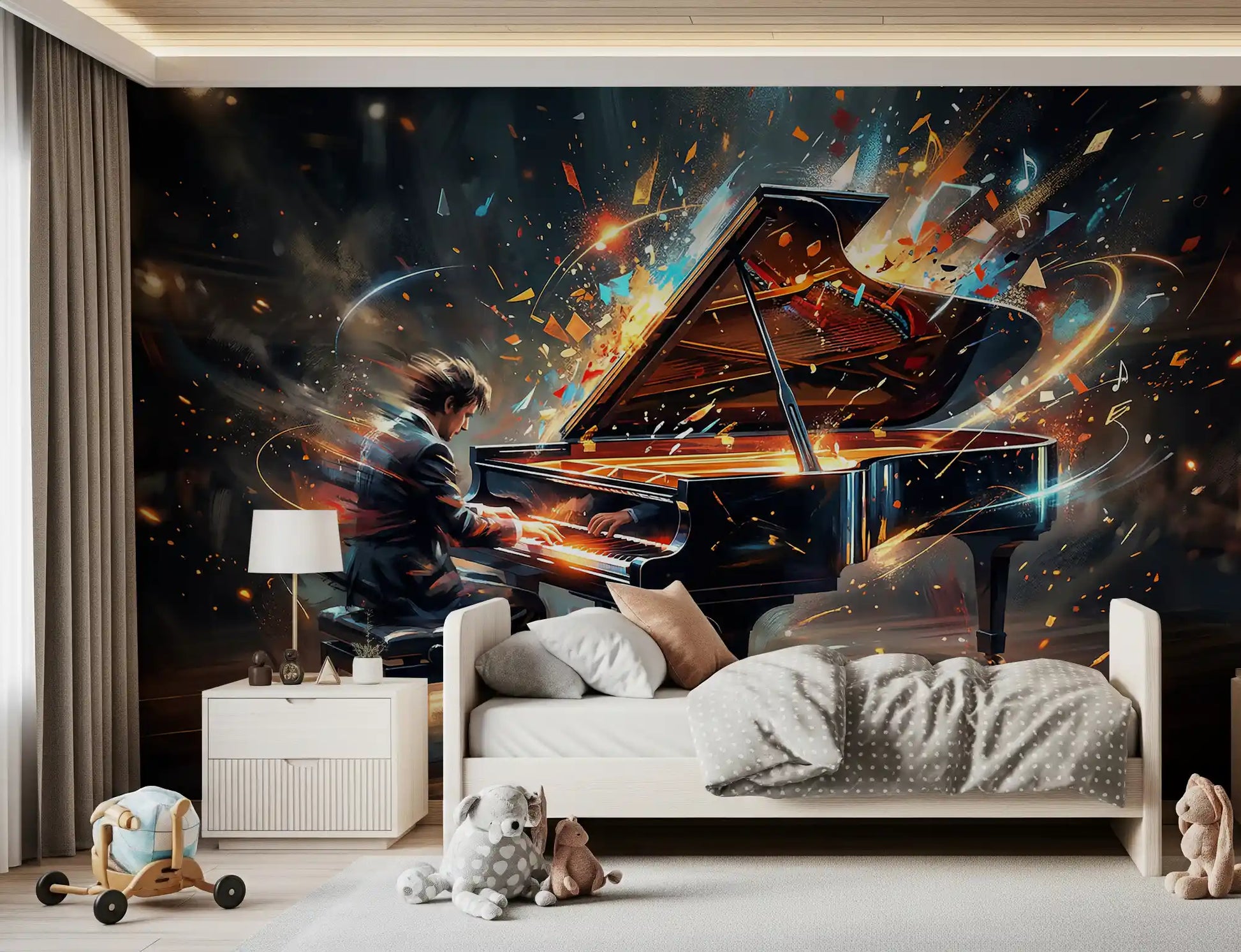 Bedroom styled with Symphony of Light piano wall mural design