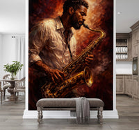 Music art wall mural with Golden Horn Fiery Soul jazz theme
