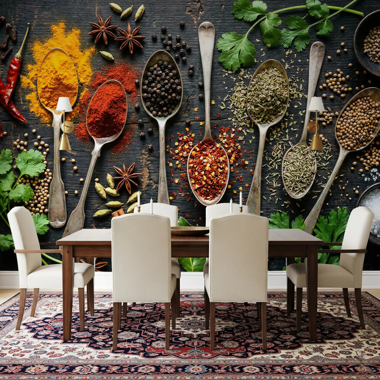 Dining room wall styled with Aromatic Spice Collection spice mural