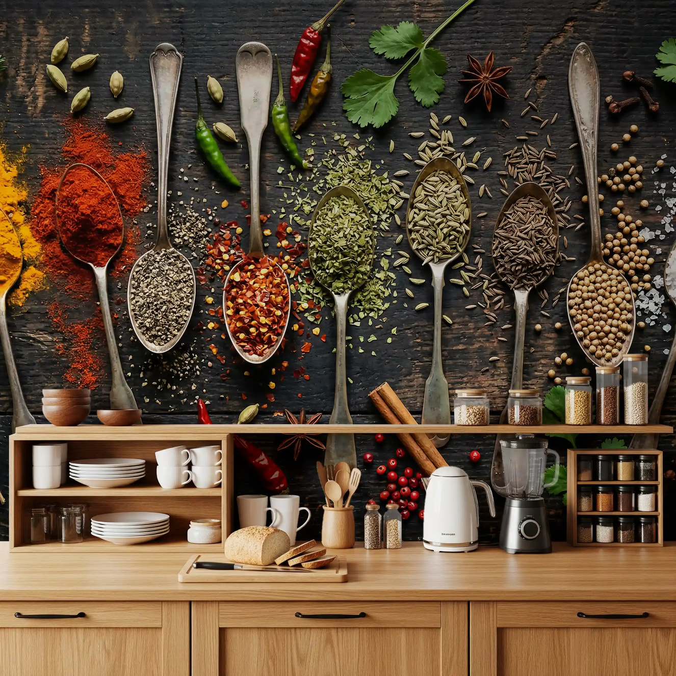 Kitchen styled using Aromatic Array wall mural with colorful spice details