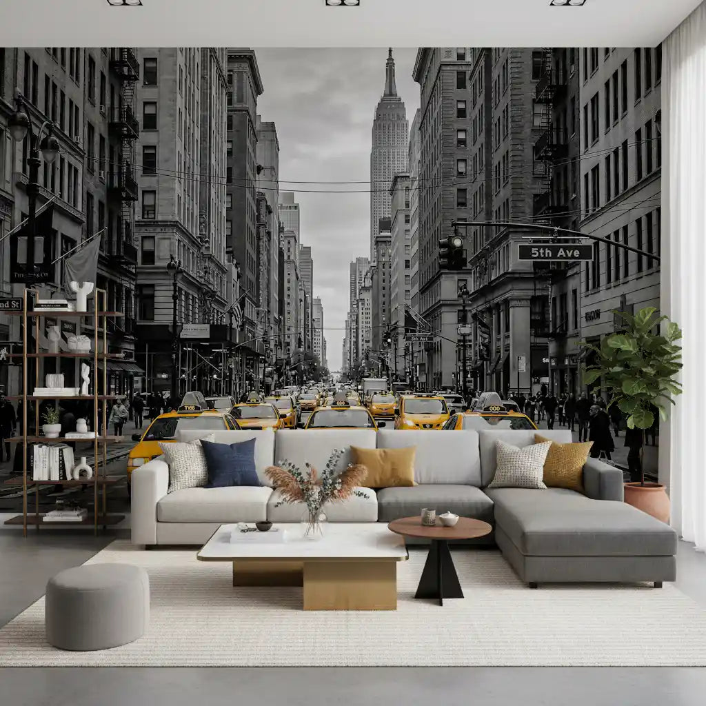 Living room styled using Manhattan Golden Rush wall mural city perspective