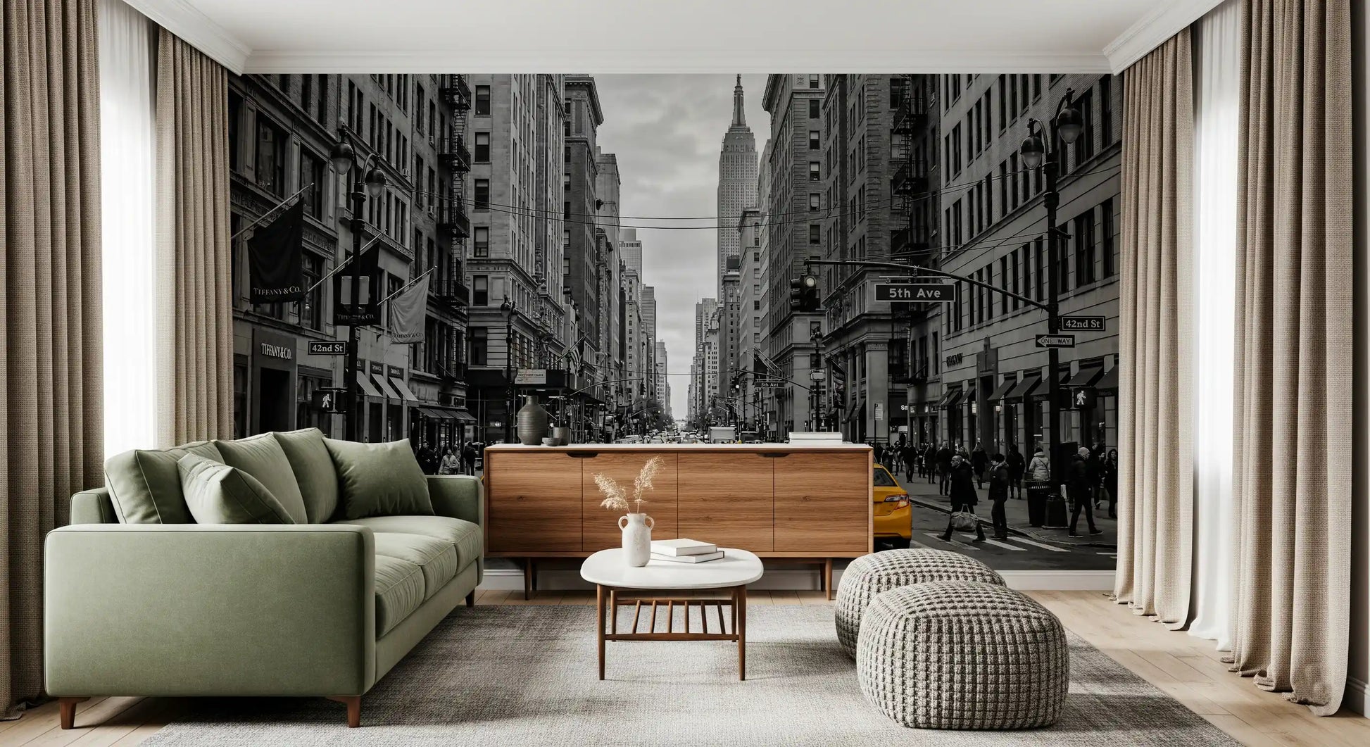 Living room with Manhattan Golden Rush wall mural NYC taxi street scene