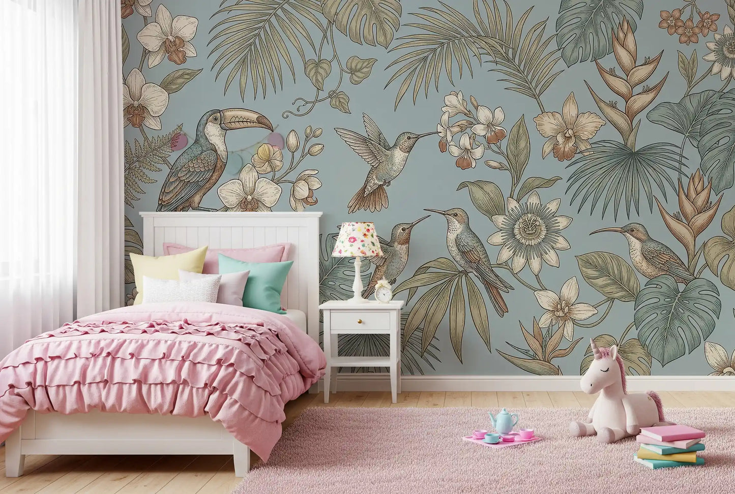 Soft tropical leaves shape the Tropical Birds Serenity Wall Mural
