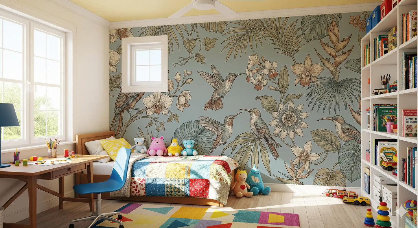 Calm blue artwork marks the Tropical Birds Serenity Wall Mural clearly