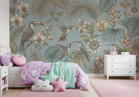 Bedroom styled in Tropical Birds Serenity Wall Mural with bird detail