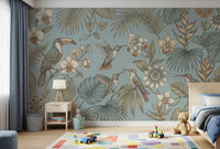 Graceful botanical detail runs through Tropical Birds Serenity Wall Mural