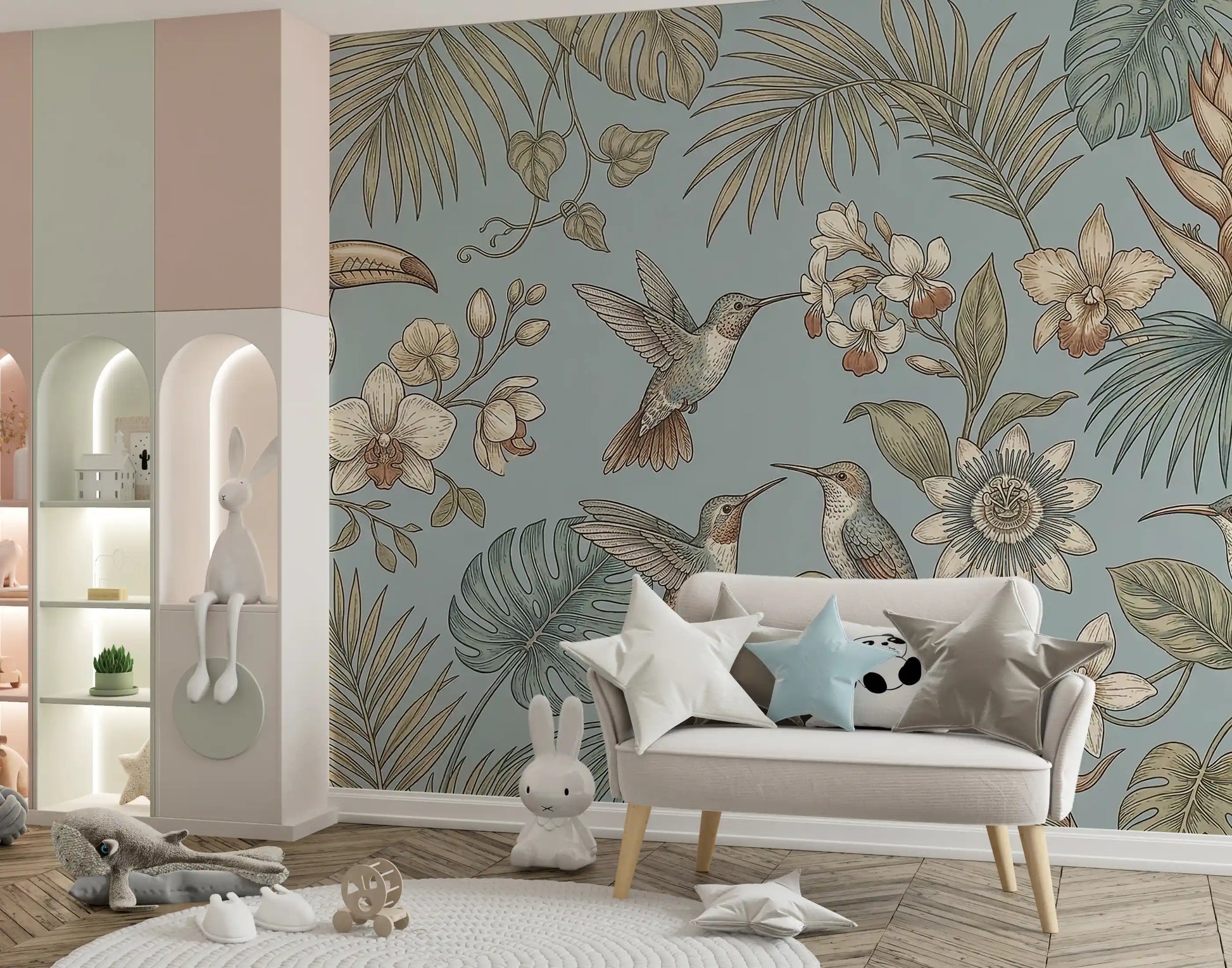Airy nature styling gives Tropical Birds Serenity Wall Mural balance