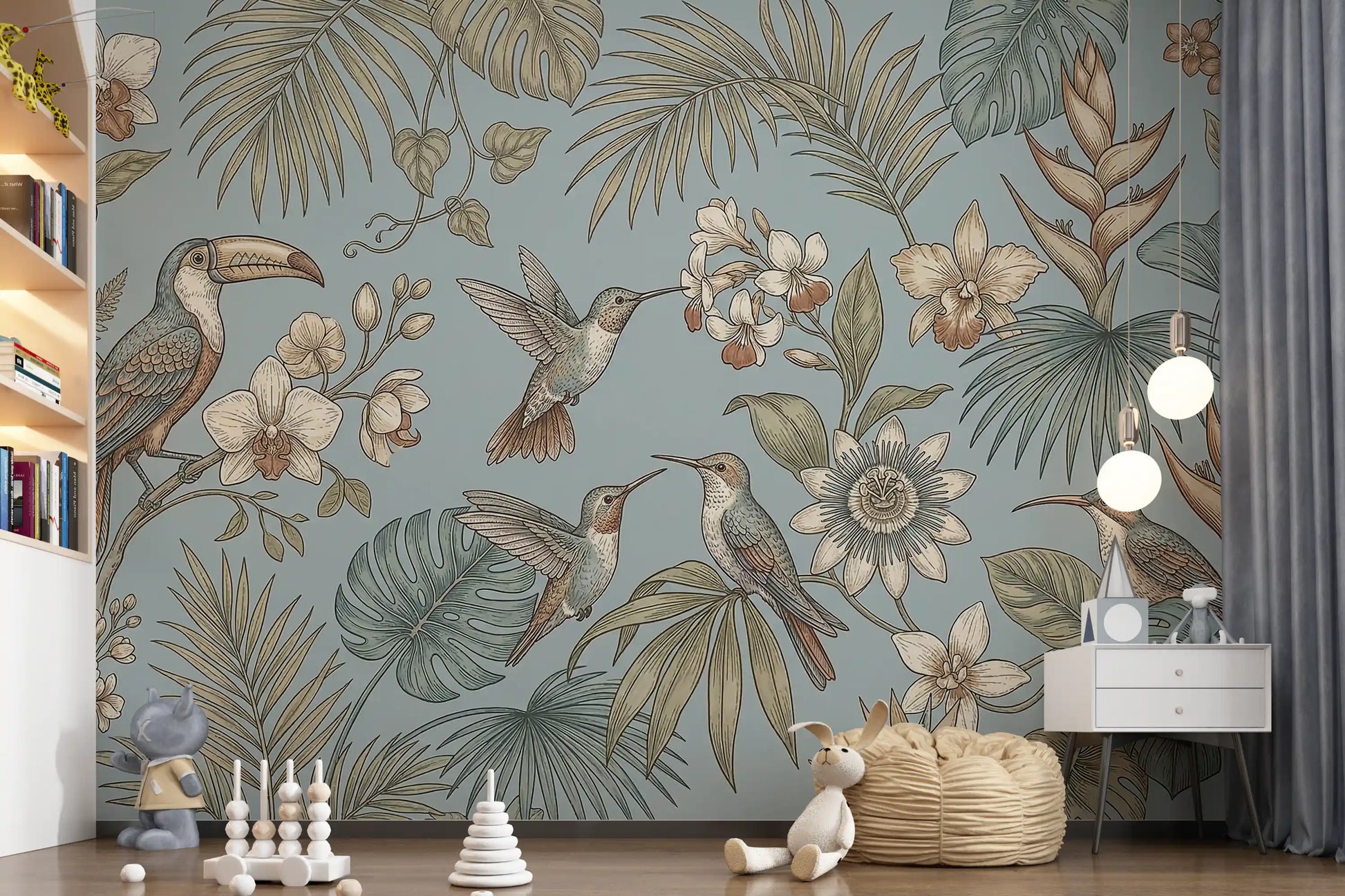 Kids room featuring Tropical Birds Serenity Wall Mural and leafy pattern