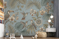 Kids room featuring Tropical Birds Serenity Wall Mural and leafy pattern