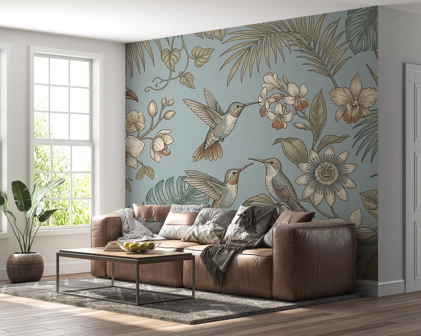 Hallway wall with Tropical Birds Serenity Wall Mural in calm blue design