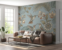 Hallway wall with Tropical Birds Serenity Wall Mural in calm blue design
