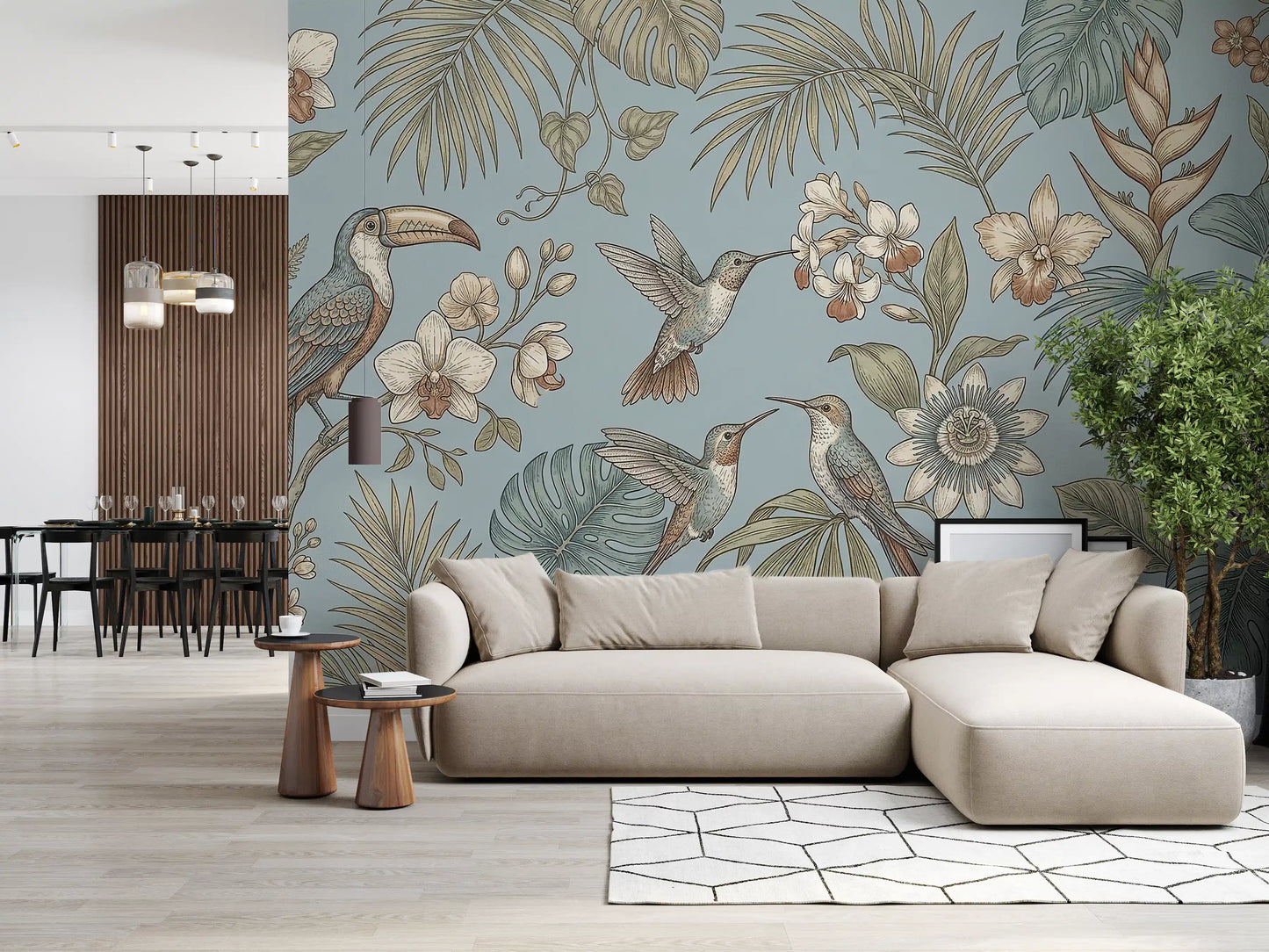 Living room with Tropical Birds Serenity Wall Mural in soft blue tones