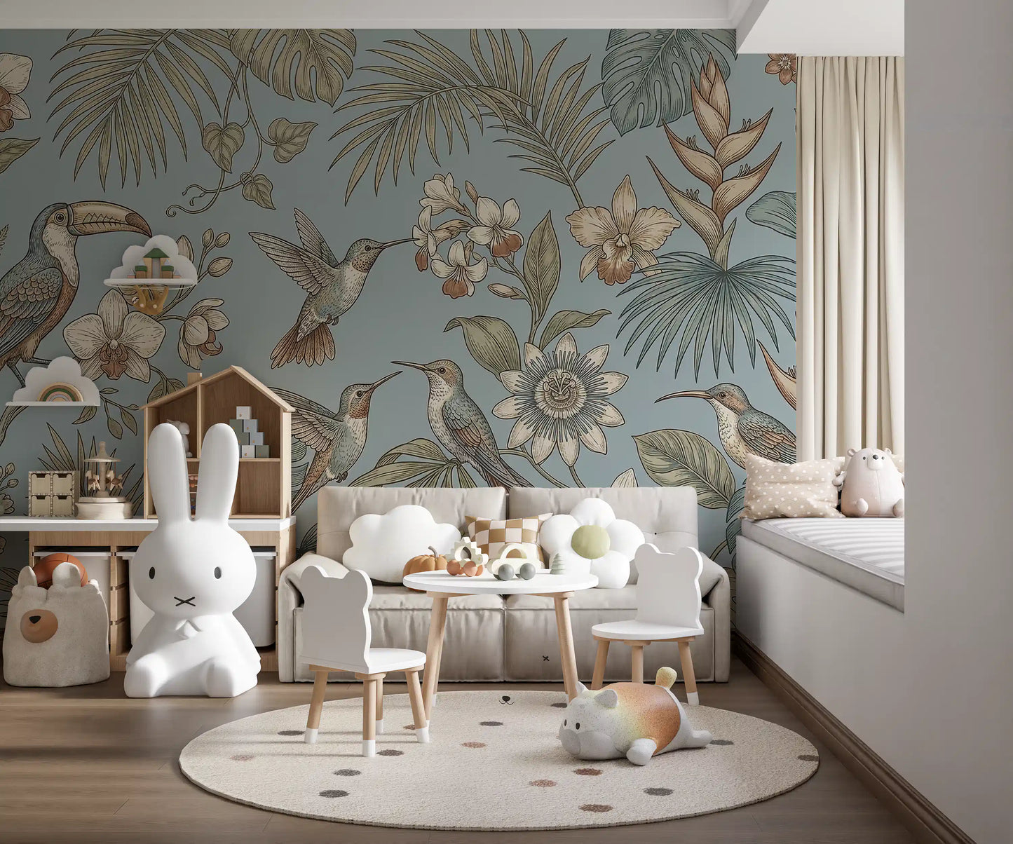 Delicate birds define this Tropical Birds Serenity Wall Mural beautifully