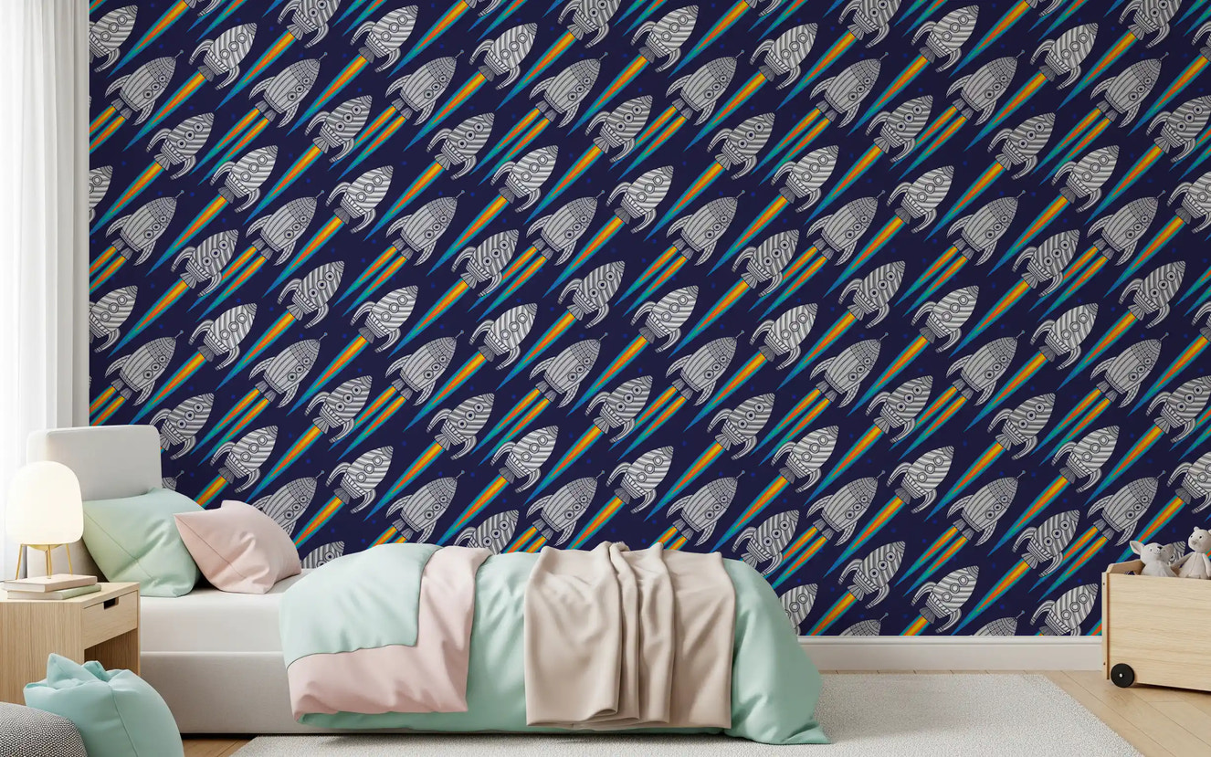 Kids bedroom with Blast Off! Outerspace Rockets wallpaper and playful rocket repeat
