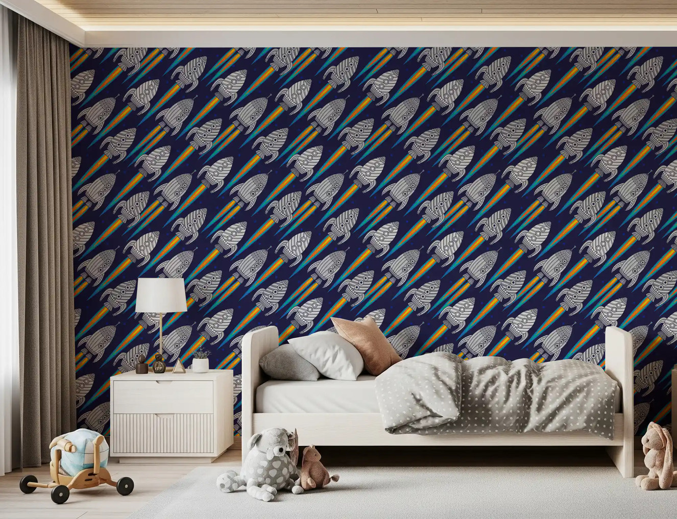 Blast Off! Outerspace Rockets wallpaper with blue and white spaceship pattern