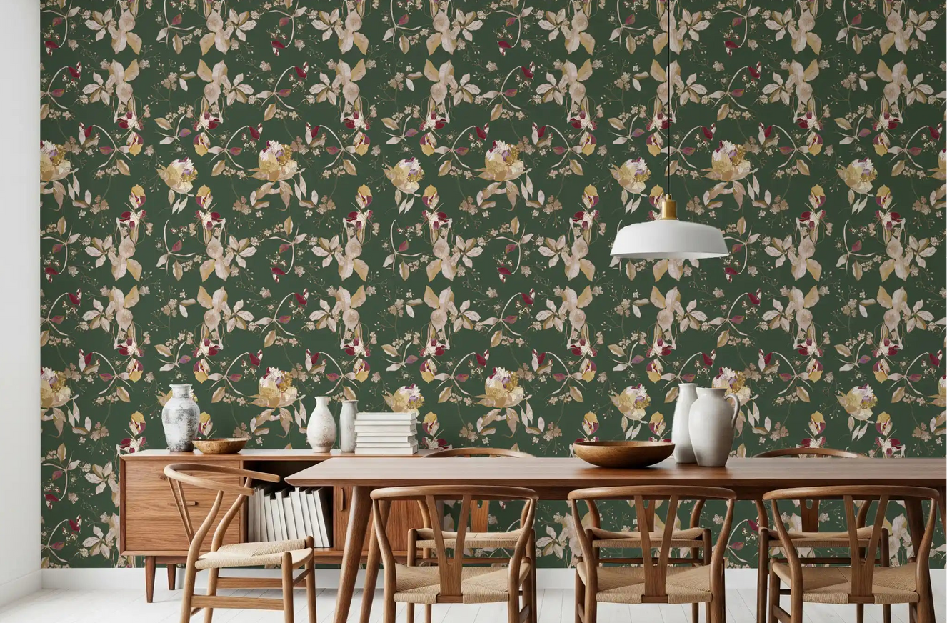 Soft Dining room styled in Antique Cream Botanical Wallpaper with vine detail