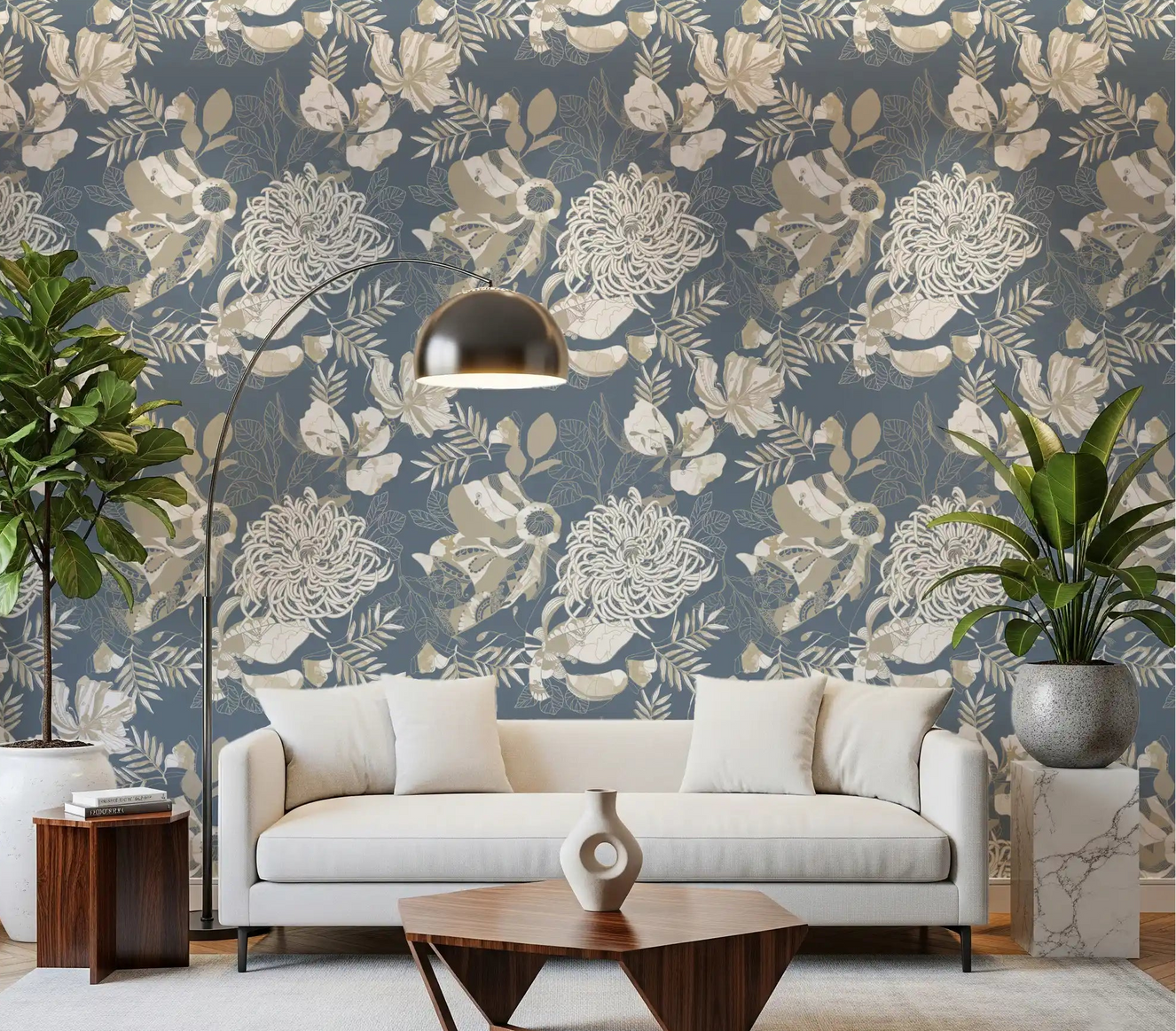 Living room with Dusty Blue Floral wallpaper and soft beige botanical blooms
