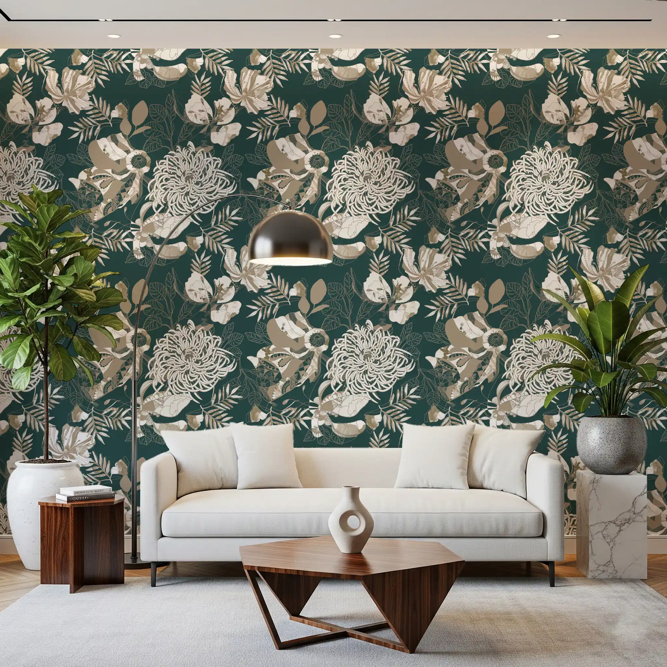 Hallway featuring Forest Green Art Deco Floral wallpaper on a dark green base