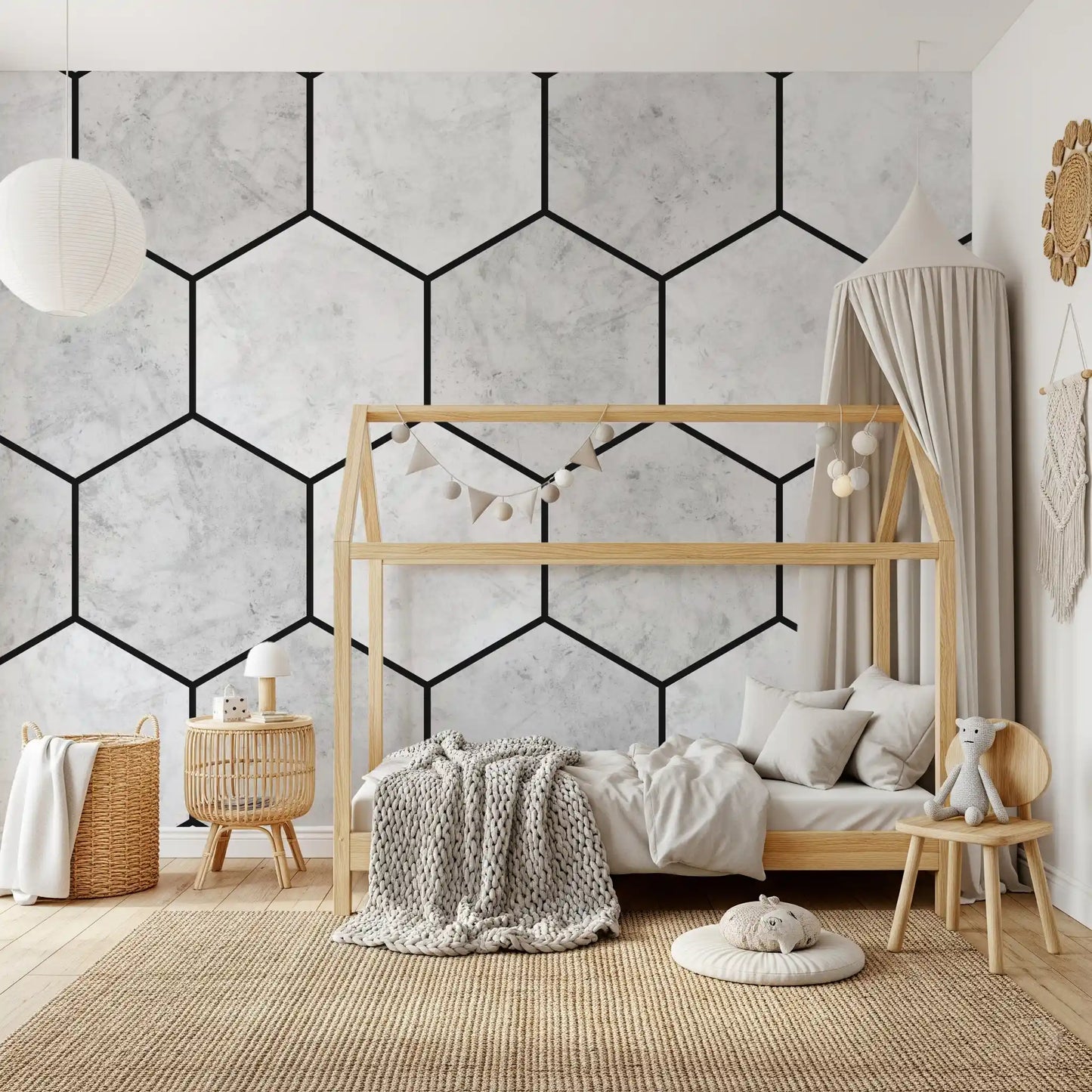 White Marble Hexagon Geometric Stone Pattern Wall Mural