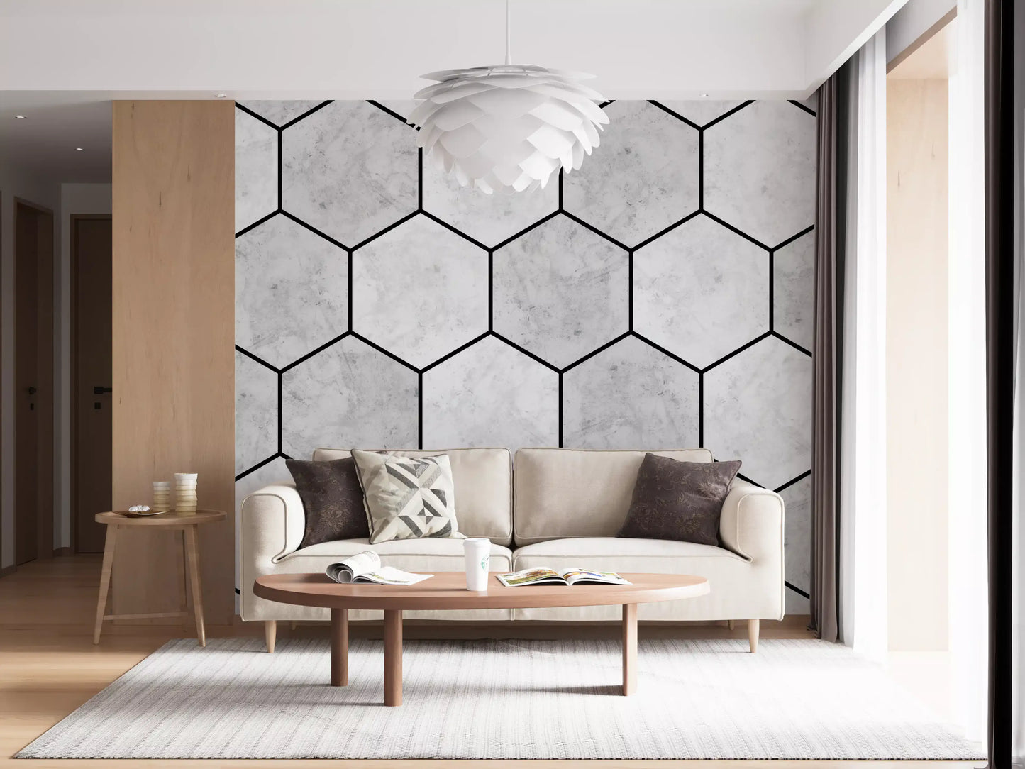 White Marble Hexagon Geometric Stone Pattern Wall Mural