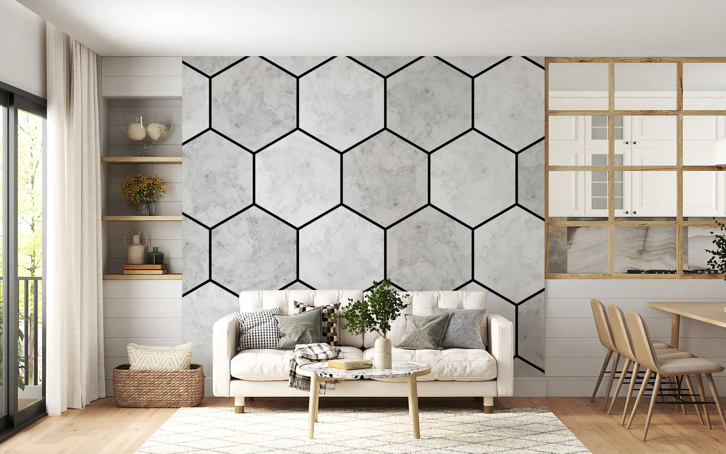 White Marble Hexagon Geometric Stone Pattern Wall Mural