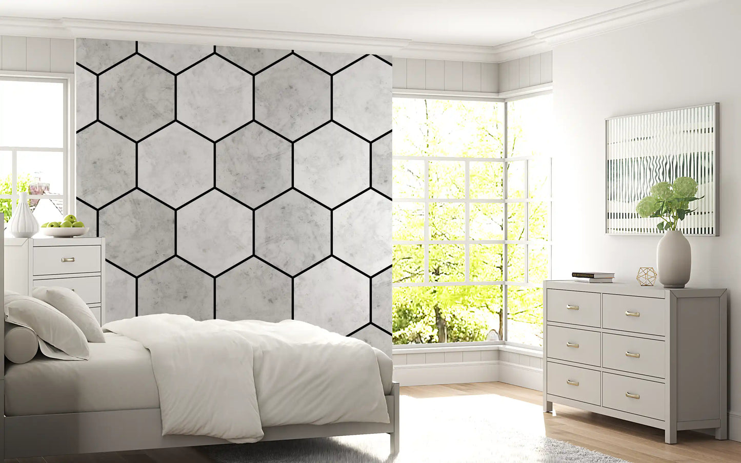 White Marble Hexagon Geometric Stone Pattern Wall Mural