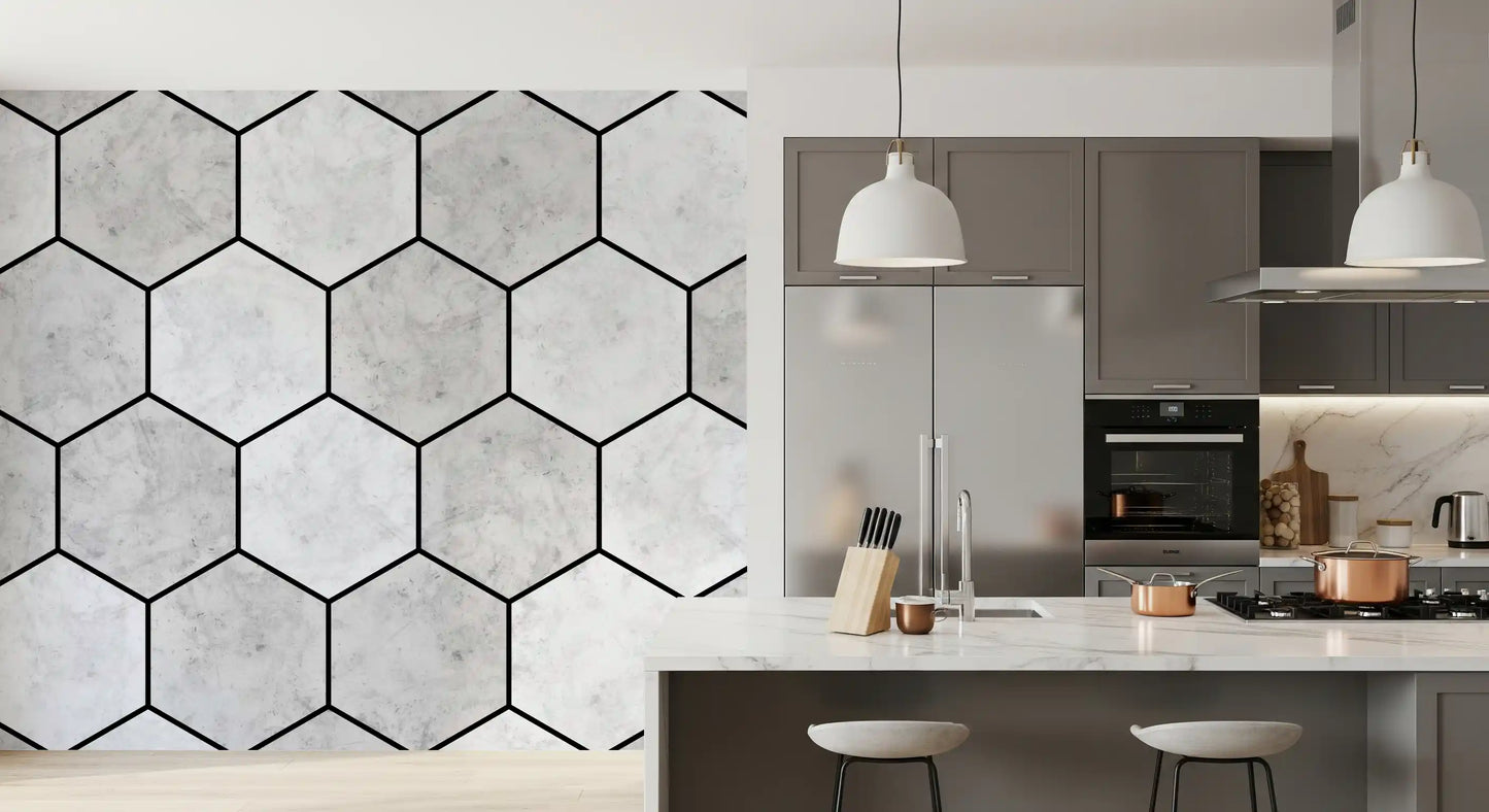 White Marble Hexagon Geometric Stone Pattern Wall Mural