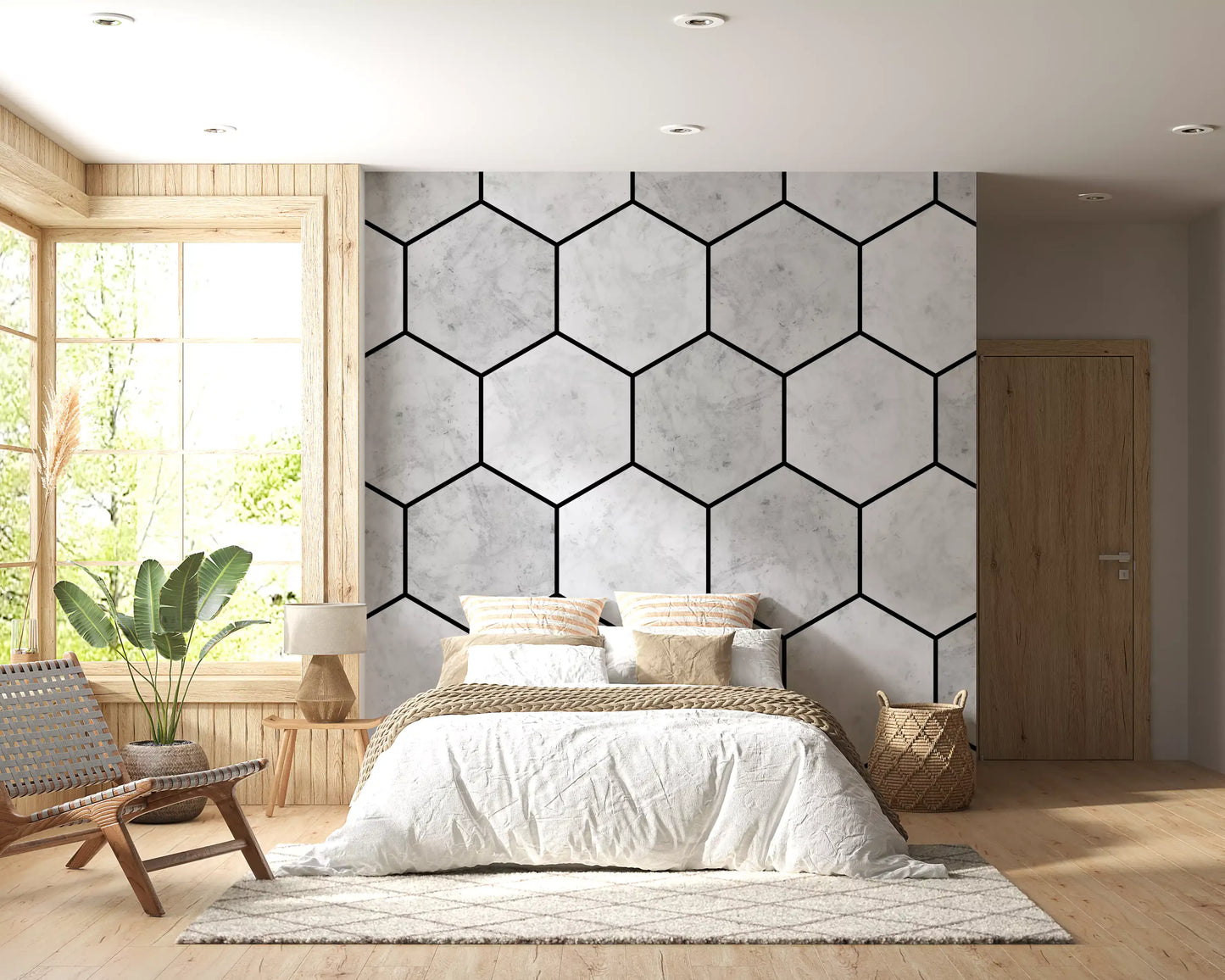 White Marble Hexagon Geometric Stone Pattern Wall Mural